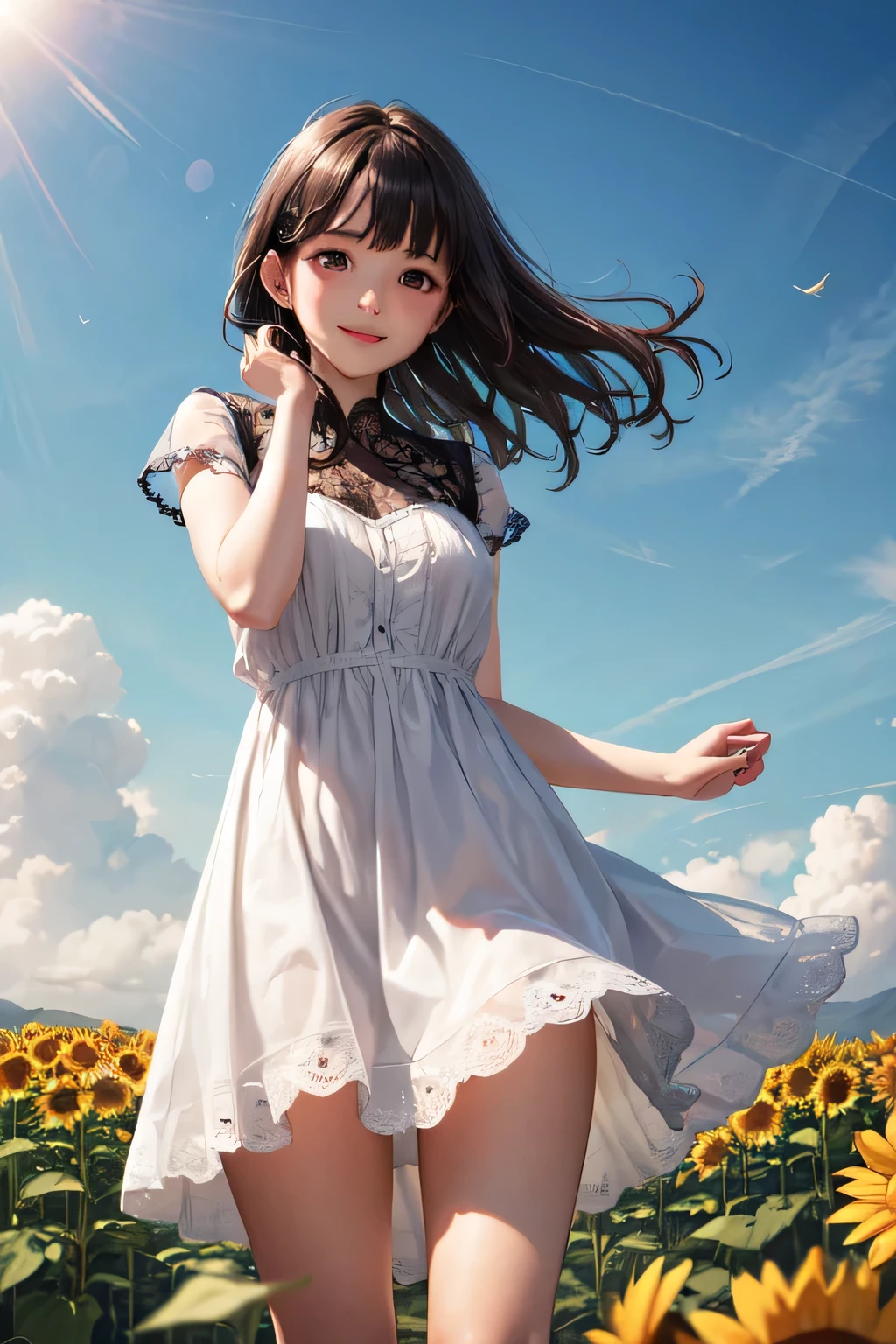 very cute and beautiful girl,frilled white summer dress with detailed lace,(highly detailed beautiful face),
standing in middle of sunflower field,beautiful summer sky,(smile),black hair,mid shot,stylish pose,detailed legs,
(best quality,masterpiece:1.0),absurdres,highres,ultra-detailed,extremely detailed,32k,8k resolution,
intricate details,cinematic scene,detailed background,solo,dynamic angle,
solo,hair fluttering in the wind,