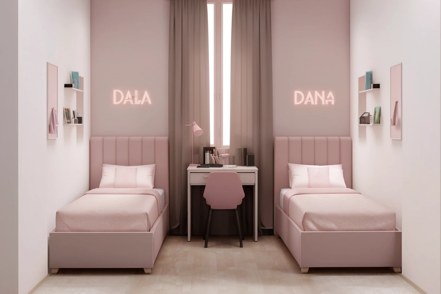 there are two beds in a room with a desk and a chair, dall - e 2, dall-e 2, hana alisa omer, by Galen Dara, dall - e, with soft pink colors, with names, realistic 3 d style, liana, brightly lit pink room, sand - colored walls, pastel dull colors, the walls are pink, dim bedroom
