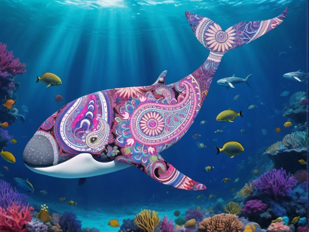 The image depicts a vivid underwater scene featuring a Paisley whale with a colorful, intricate Paisley pattern painted on its side, surrounded by various fish species.