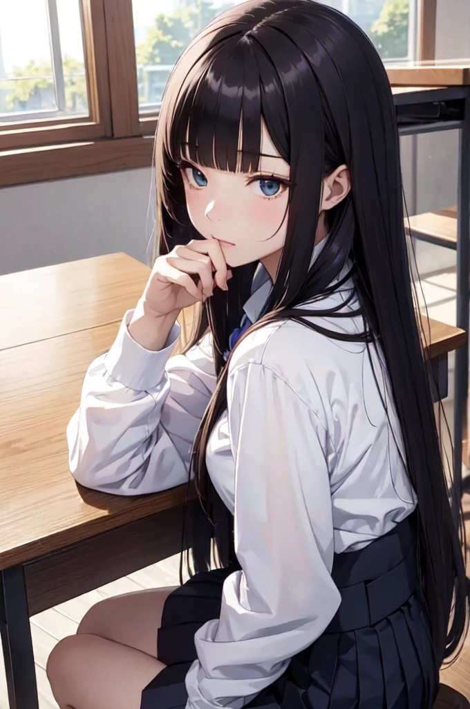 (8K, best quality, Piece Fly:1.2)、Ultra-high resolution,1 female,14 years old、Ultra-fine face,Delicate eyes,Green Eyes Theater Lights、Cool、Tree Eyes,Retouched nose,棕色Long hair扎成光滑的马尾,Long hair,rest,在教室rest,Korean style sweater school uniform,Blue pleated skirt,,rest,((White shirt)),,Long sleeve,rest,Detailed fingers,attract the audience,Sitting in the classroom