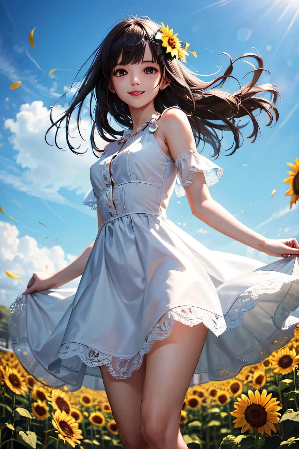 very cute and beautiful girl,frilled white summer dress with detailed lace,(highly detailed beautiful face),
standing in middle of sunflower field,beautiful summer sky,(smile),black hair,mid shot,stylish pose,detailed legs,
(best quality,masterpiece:1.0),absurdres,highres,ultra-detailed,extremely detailed,32k,8k resolution,
intricate details,cinematic scene,detailed background,solo,dynamic angle,
solo,hair fluttering in the wind,