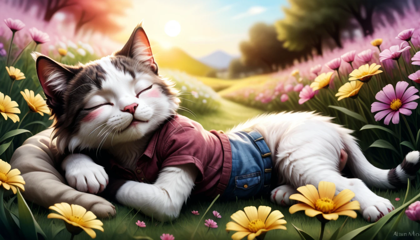 (photography style), anthropomorphic,
cute cat, in casual clothing, napped in a bright flower field, lying on colorful flowers and soft grass with a small pillow, eyes closed, and a peaceful expression,
2D, colorful, warm atmosphere, glossy, Jean-Baptiste Monge style, Alan Lee style