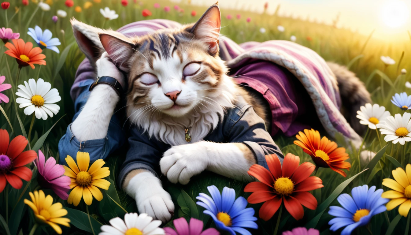 (photography style), anthropomorphic,
cute cat, in casual clothing, napped in a bright flower field, lying on colorful flowers and soft grass with a small pillow, eyes closed, and a peaceful expression,
2D, colorful, warm atmosphere, glossy, Jean-Baptiste Monge style, Alan Lee style