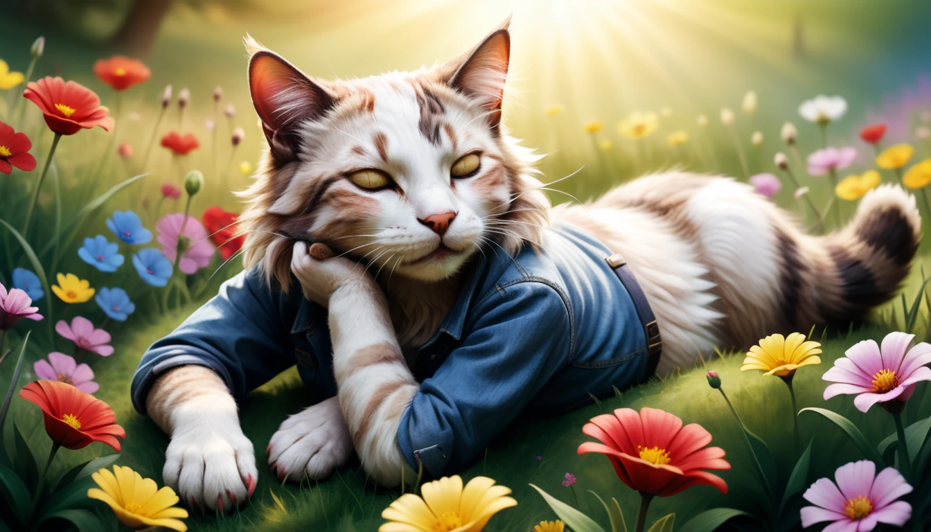 (photography style), anthropomorphic,
cute cat, in casual clothing, napped in a bright flower field, lying on colorful flowers and soft grass with a small pillow, eyes closed, and a peaceful expression,
2D, colorful, warm atmosphere, glossy, Jean-Baptiste Monge style, Alan Lee style