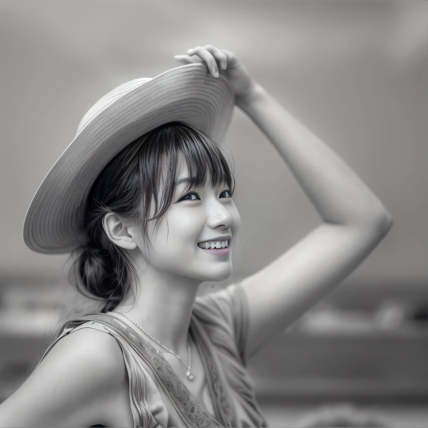 8k, RAW photo, best quality, masterpiece, realistic, photo-realistic, clear, professional lighting, beautiful face, best quality, ultra high res,
BREAK
a woman wearing a hat and smiling for the camera with her hands on her head and her hair in the wind, girl, dau-al-set , a stock photo, Fan Qi