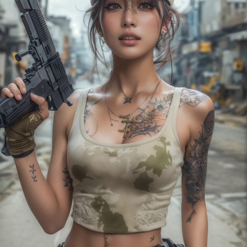 With a gun、Arabian woman wearing a hat, Korean Girls, Amazing anime 8k, With a rifle, Ready for battle, Taiwanese girl with tattoos, beautiful Asian Girl, With a pistol, Quiet from Metal Gear Solid, She's ready to fight, Lostrun 8k, Cyberpunk beautiful girl, Korean women, Asian Girl, Yakuza Slim Girl, beautiful south Korean women