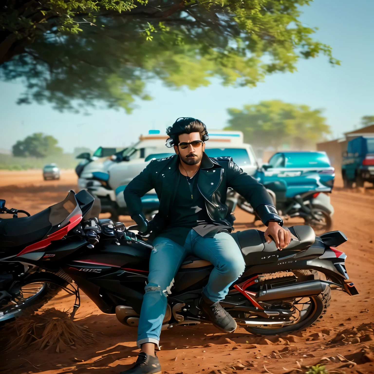 a man sitting on a motorcycle in a dirt field, professional photo, ayan nag, profile pic, jayison devadas, avatar image, stylish pose, screensaver, cinematic movie still, very very low quality picture, perfect photo, mohamed chahin style, by Max Dauthendey, jayison devadas style, taken with sony alpha 9