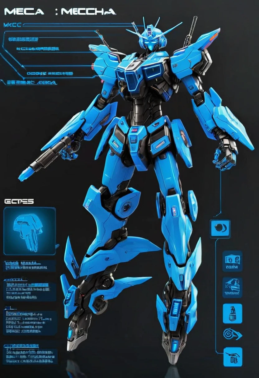 full body mecha neon blue details, highlighting circuits and components, delegate mecha, neon daggers, mecha helmet with visor, light and flexible mecha armor with binary codes, long and thin mecha arm with metallic fingers, robust and articulated mecha pears with retractable thrusters, mecha with digital camouflage cloak,
