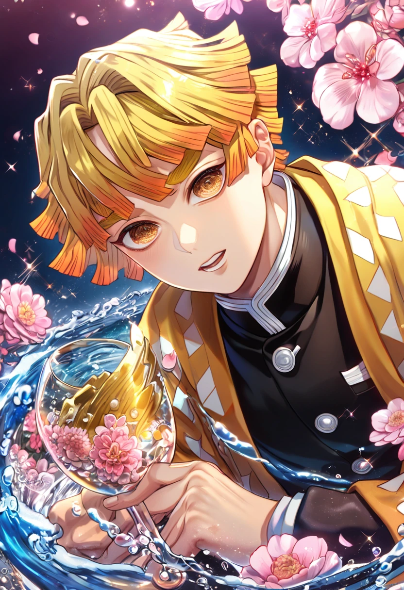 absurdres, highres, ultra detailed, HDR, master piece, best quality, extremely detailed, Agatsuma Zenitsu, yellow hair, expressive brown golden eyes, Kimetsu No Yaiba, solo, sexy man, handsome, yellow haori, demon slayer uniform, magical, fantasy, glittering, sparkling, glass, pink flowers, pink petals, water, pink moon