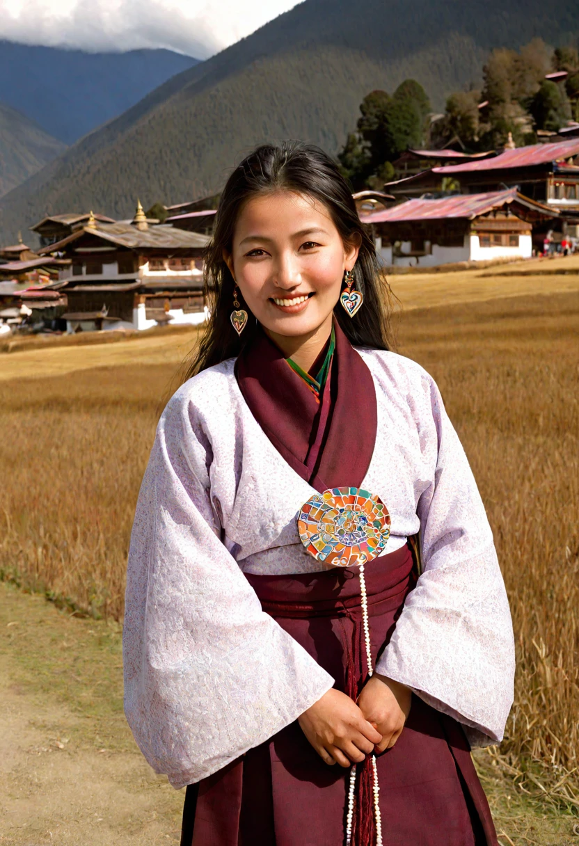 Bhutanese woman in traditional Bhutanese teunue in Paro in the heart of Bhutan