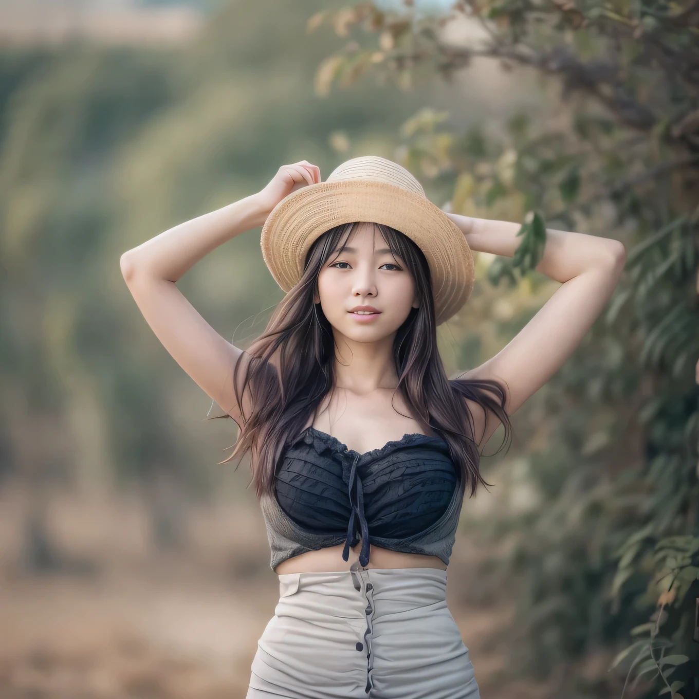 8k, RAW photo, best quality, masterpiece, realistic, photo-realistic, clear, professional lighting, beautiful face, best quality, ultra high res,
BREAK
a woman wearing a hat and smiling for the camera with her hands on her head and her hair in the wind, girl, dau-al-set , a stock photo, Fan Qi