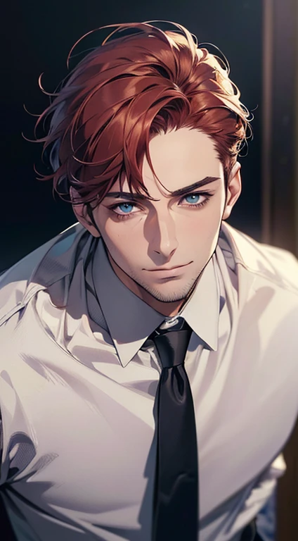 (best quality,4k,8k,highres,masterpiece:1.2),ultra-detailed,(realistic,photorealistic,photo-realistic:1.37),1 man,31 years old,mature man,very handsome,without expression,smile,short red hair,blue eyes,penetrating gaze,perfect face without errors,imposing posture,businessman,office background,cinematic lighting,hdr image