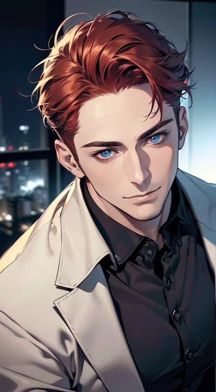 (best quality,4k,8k,highres,masterpiece:1.2),ultra-detailed,(realistic,photorealistic,photo-realistic:1.37),1 man,31 years old,mature man,very handsome,without expression,smile,short red hair,blue eyes,penetrating gaze,perfect face without errors,imposing posture,businessman,office background,cinematic lighting,hdr image