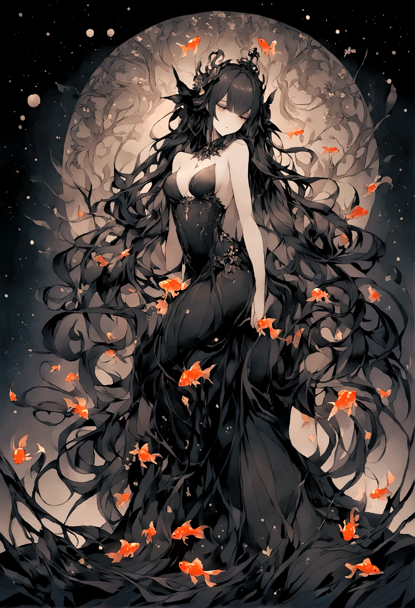 Dark Space,Long hair,sad,universe,dream,goldfish,Embrace,Sexy