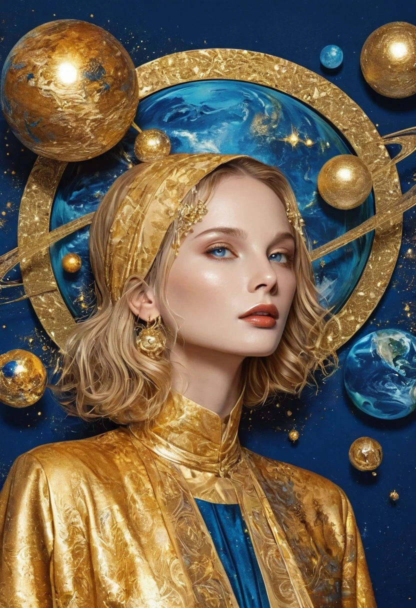illustration,illustration,Golden Woman Portrait,Blue Background,Planet Decoration,Artistic Creativity:1.37
