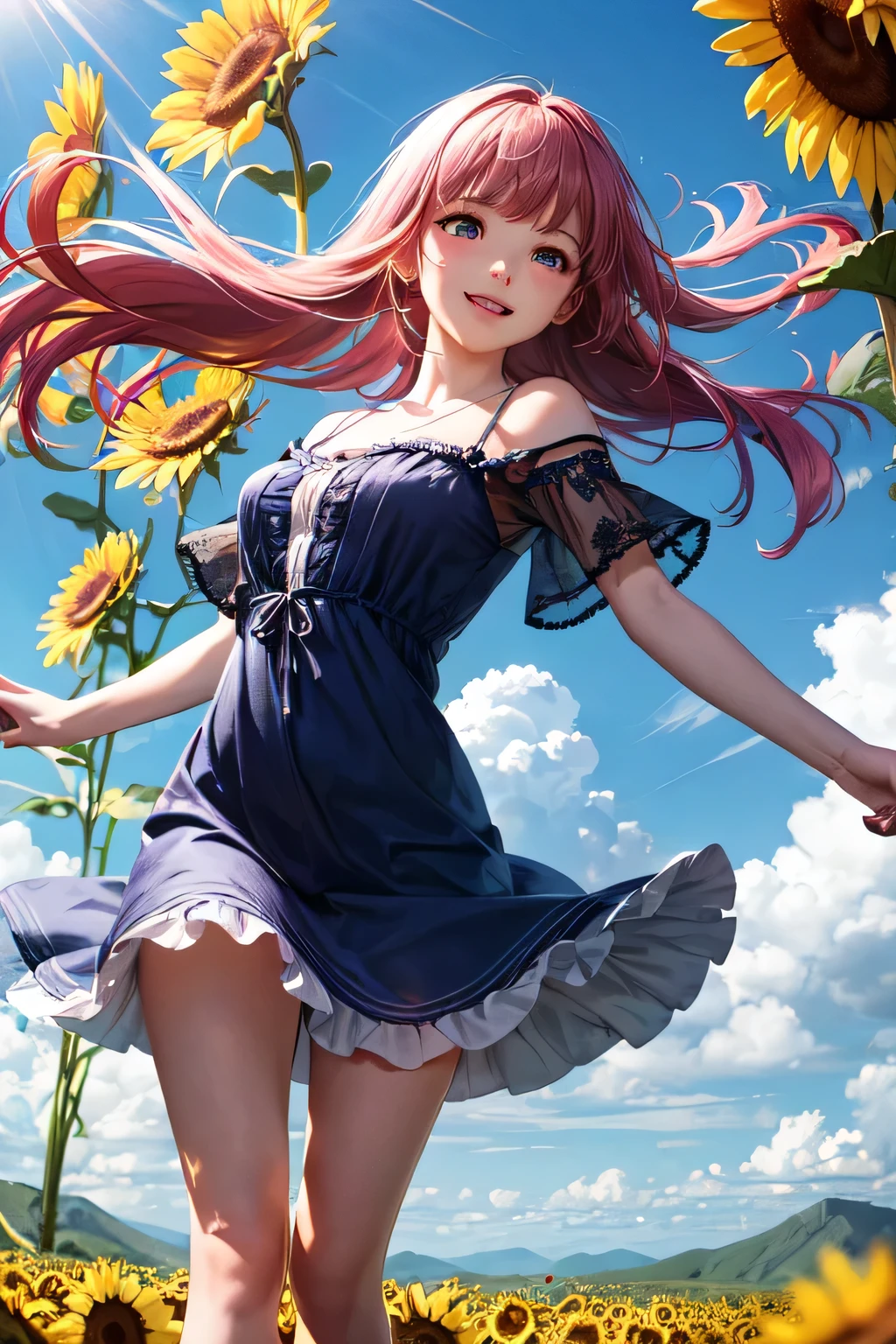 very cute and beautiful girl,frilled blue summer dress with detailed lace,(highly detailed beautiful face),
standing in middle of sunflower field,beautiful summer sky,(smile),pink hair,mid shot,stylish pose,detailed legs,
(best quality,masterpiece:1.0),absurdres,highres,ultra-detailed,extremely detailed,32k,8k resolution,
intricate details,cinematic scene,detailed background,solo,dynamic angle,
solo,hair fluttering in the wind,