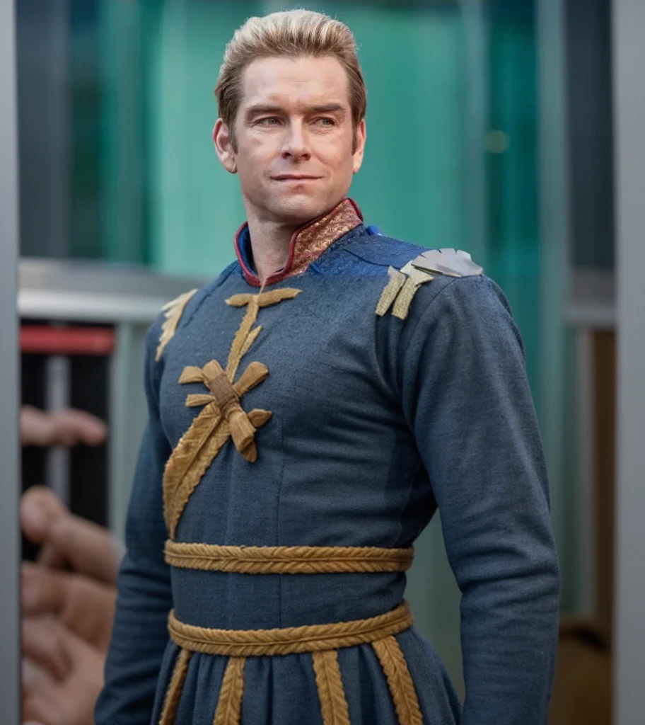 A man wearing the Homelander costume from The Boys show