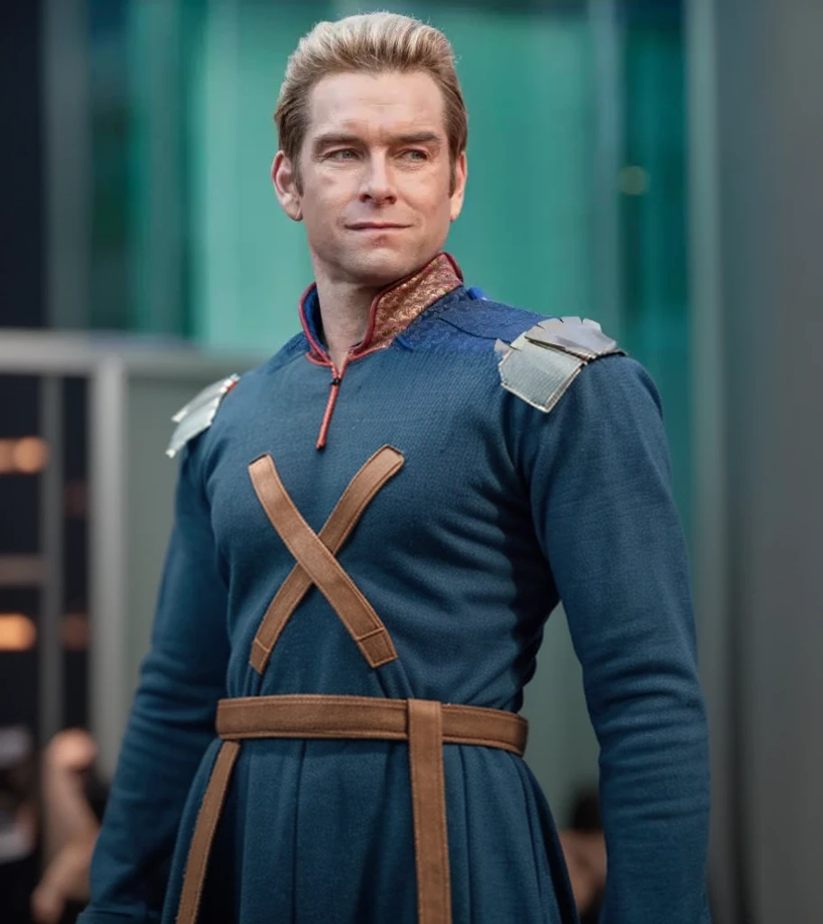 A man wearing the Homelander costume from The Boys show