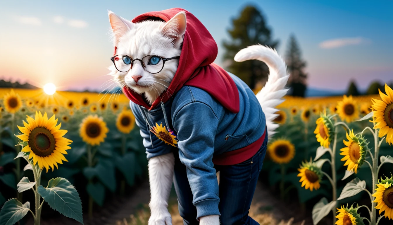 professional photography, cute white kitten, standing on two legs
BRAKE
Light blue hoodie
BRAKE
Denim jeans
BRAKE
Black-rimmed glasses
BRAKE
Sunflower field as background
BRAKE
Full body shot, (Cinematic Light: 1.3), shot with Lumix GH5 (cinematic bokeh, dynamic range, vibrant colors)