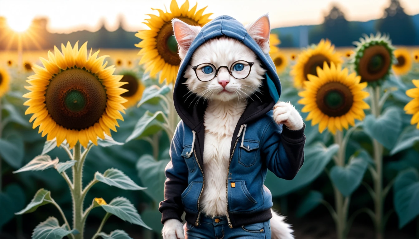professional photography, cute white kitten, standing on two legs
BRAKE
Light blue hoodie
BRAKE
Denim jeans
BRAKE
Black-rimmed glasses
BRAKE
Sunflower field as background
BRAKE
Full body shot, (Cinematic Light: 1.3), shot with Lumix GH5 (cinematic bokeh, dynamic range, vibrant colors)