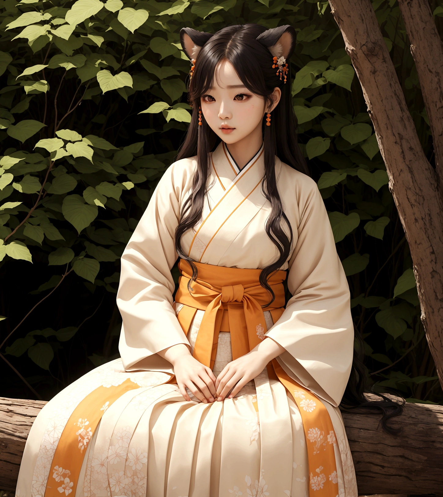 ((최고의 품질)), ((걸작)), (상세한), 여자 1명, Orange color hair , black highlights hair , Long and wavy flowing freely hair ,tiger ears on top of the head , red eyes , Calm and gentle eyes , Fair complexion skin , Traditional Korean hanbok , Cream-colored with intricate patterns and details hanbok , Full skirt typical of a hanbok , Complementary colors and patterns to the top, flowing gracefully hanbok , Forest , Daytime with clear skies , The character is standing gracefully in the forest, blending the traditional elegance of the hanbok with the serene natural surroundings