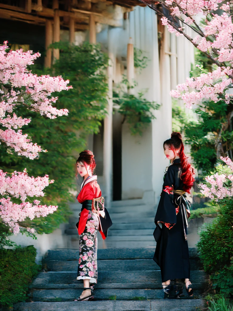 ((masterpiece,best quality)),2girls, black kimono, black legwear, black ribbon, black hair, cherry blossoms, day, flower, hair bun, hair ribbon, japanese clothes, kimono, long hair, looking at viewer, looking back , multiple girls, belts, outdoors, red eyes, red hair, ribbon, sandals, single bun, stairs, standing, statue, torii, tree, white kimono, yellow eyes