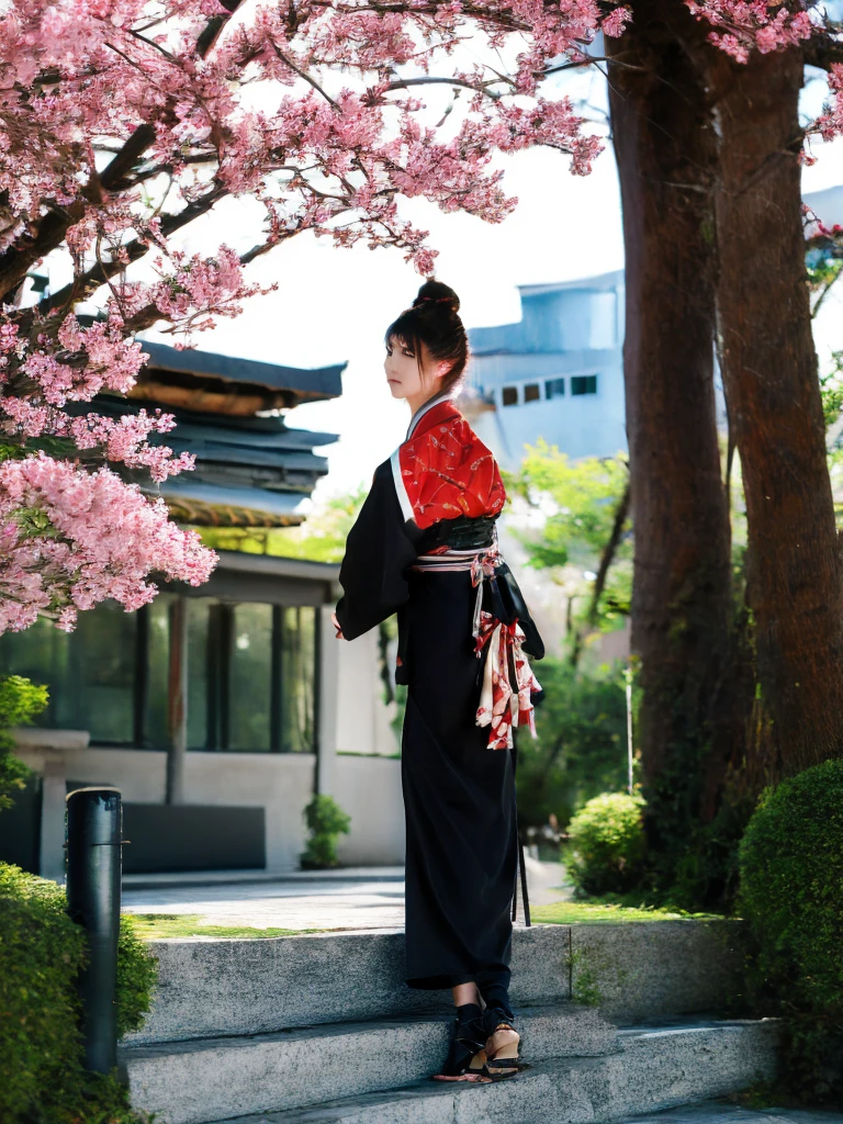 ((masterpiece,best quality)),2girls, black kimono, black legwear, black ribbon, black hair, cherry blossoms, day, flower, hair bun, hair ribbon, japanese clothes, kimono, long hair, looking at viewer, looking back , multiple girls, belts, outdoors, red eyes, red hair, ribbon, sandals, single bun, stairs, standing, statue, torii, tree, white kimono, yellow eyes