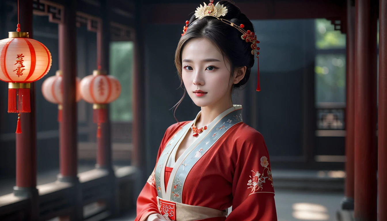 best quality, masterpiece, 1 woman, chinese hanfu,Chinese architect background, red scarf, headdress,necklace, bijouterie,beautiful face,...to_body, Tyndall effect,realistic, dark studio, rim lights, two tone lighting,(highly detailed skin:1.2), 8K uhd, dslr, soft lighting, high quality, volumetric lighting, candid, picture, high resolution, 4K, 8K, bokeh,Girl in a red dress