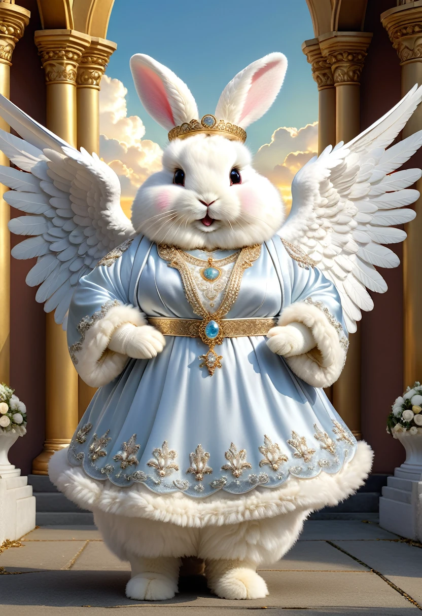 photorealistic portrait of Dressed animals-a ((fat)) ((angora rabbit)) angel,(furry:1.5), (elegant pose:1.5), (hands on hips:1.5),(smile:1.5),high quality,(angel wings),(lovely) ,intricate details, Wearing angel clothes , (angel's ring above head), highly detailed ((angel wings)) ,highly detailed decorations of clothes, angel boots , (happy), soft lighting,(full body image:2.0),holy temple background,(clouds),