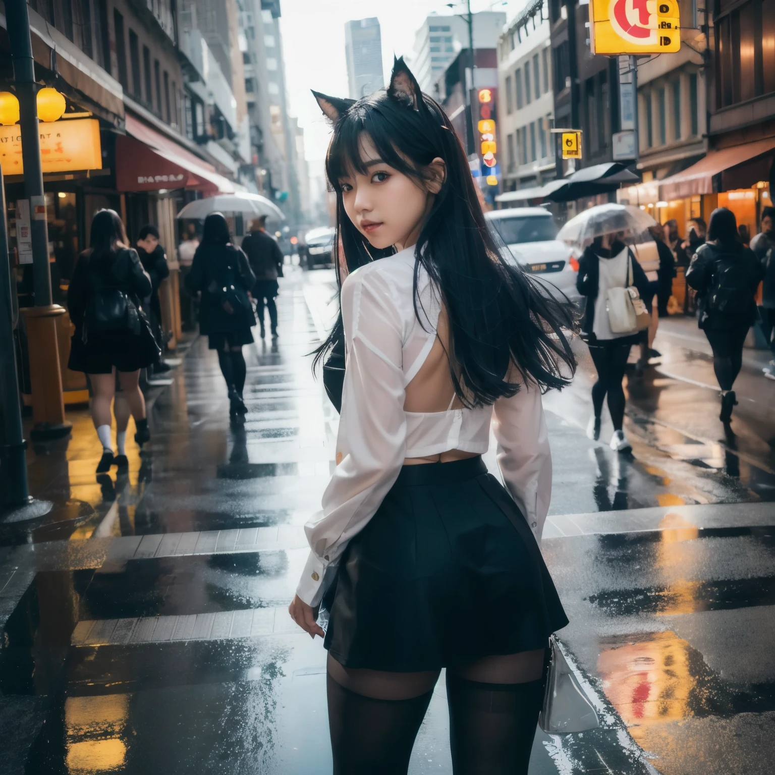 (8K, RAW Photos, Highest quality, masterpiece:1.4), Ultra-high resolution, (Realistic, photo-Realistic:1.48),Omertoza,One girl,(K-Pop Idols), (aegyo sal:1),cute, (super Bokeh night city center:1.25), Bokeh, night, signal machine, road signs, rain, after rain, Wet, Professional Lighting, Detailed lighting, Photon Mapping, Radio City, Physically Based Rendering,Black Pantyhose Bloom, Backlight, Depth of written boundary, Natural light, Hard Focus, film grain, 1 meter shooting range, Professional photography, Shooting with Sony a9 II mirrorless camera, Fine grain, Realistic eyes, Detailed Shadows, View your viewers, Dog Ears, Detailed lighting, skirt, black skirt, Knee socks, black Knee socks, (Detailed Hair, Realistic hair, Realistic lighting, Realistic shadow, Realistic outfit), Realistic skin, (Gun on your hip:1), Realistic reflection of light from above, ((Put your arms behind your back)),(Hands Behind Back),Tube top,sexy