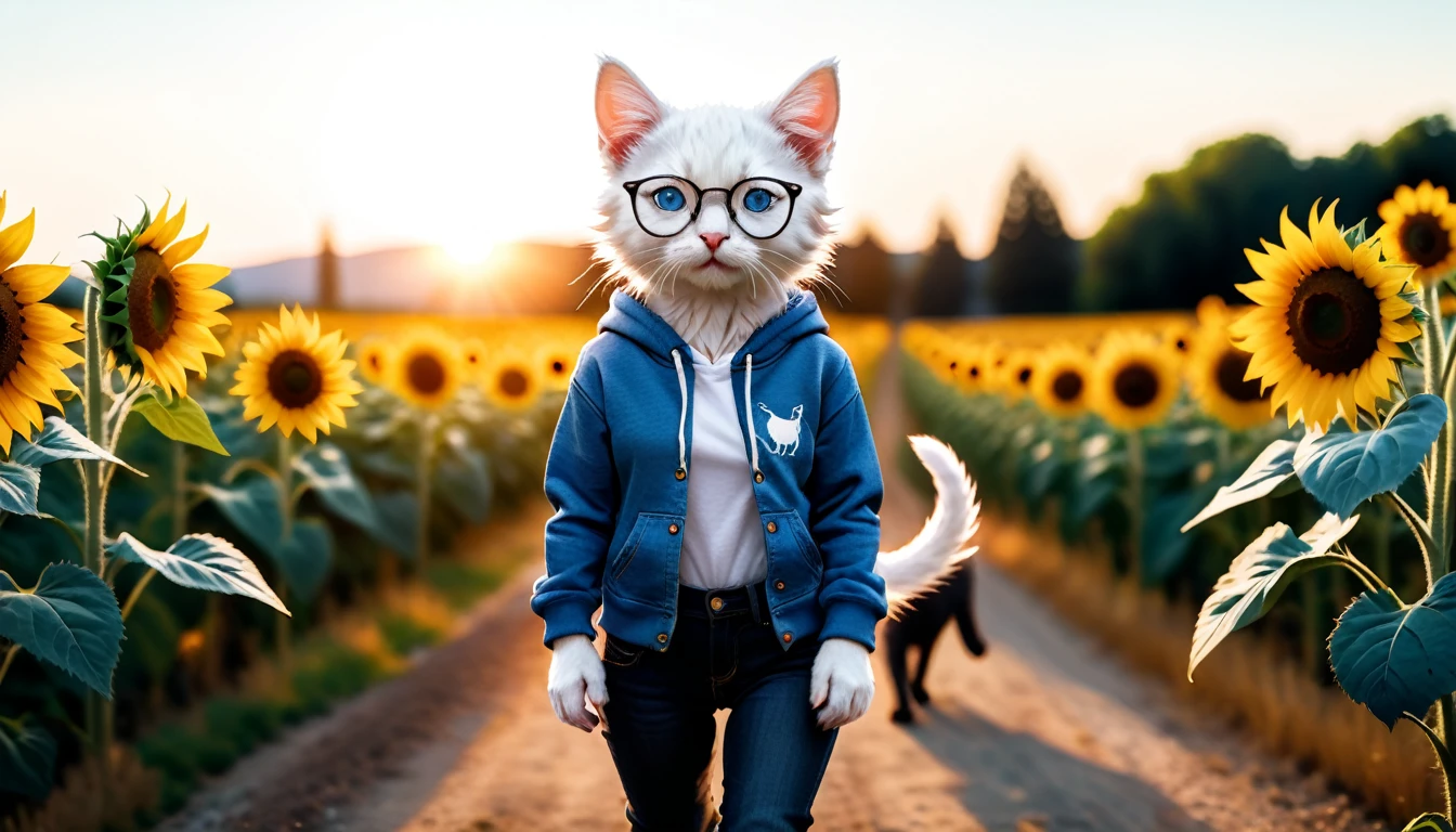 (Masterpiece: 1.4), professional photography, cute white kitten, standing on two legs
BRAKE
Light blue hoodie
BRAKE
Denim jeans
BRAKE
Black-rimmed glasses
BRAKE
Sunflower field as background
BRAKE
Full body shot, (Cinematic Light: 1.3), shot with Lumix GH5 (cinematic bokeh, dynamic range, vibrant colors)