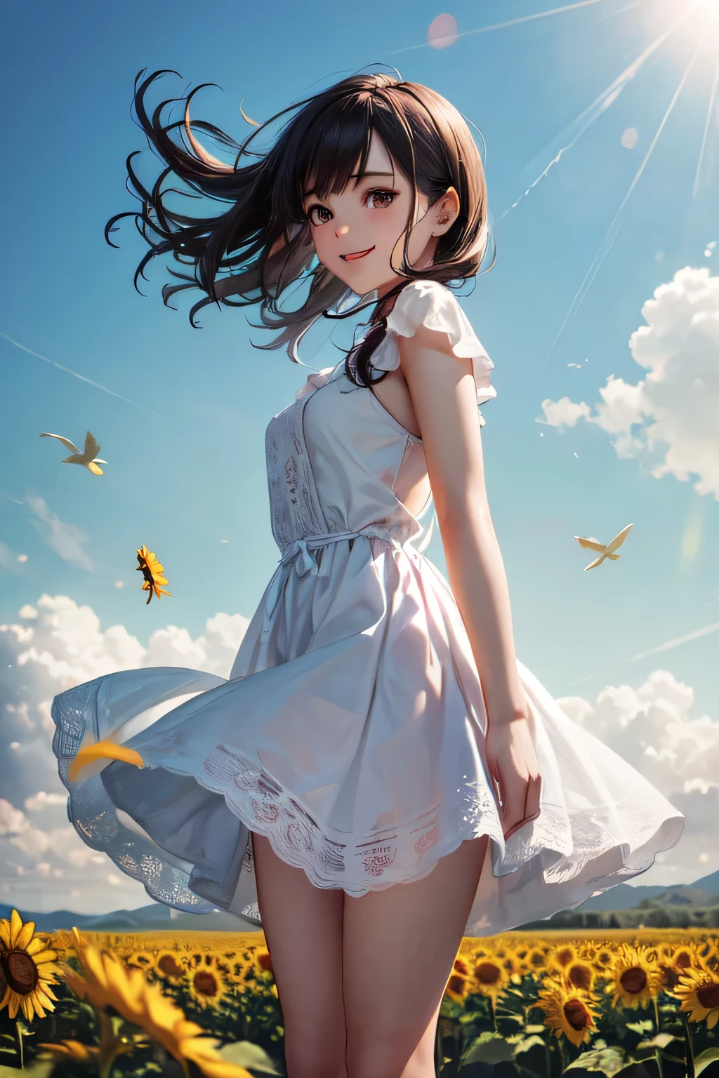 very cute and beautiful girl,frilled white summer dress with detailed lace,(highly detailed beautiful face),
standing in middle of sunflower field,beautiful summer sky,(smile),blue hair,mid shot,stylish pose,detailed legs,
(best quality,masterpiece:1.0),absurdres,highres,ultra-detailed,extremely detailed,32k,8k resolution,
intricate details,cinematic scene,detailed background,solo,dynamic angle,
solo,hair fluttering in the wind,