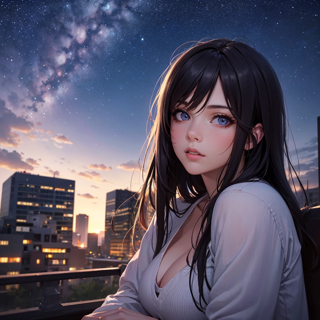 a detailed portrait of a girl sitting outdoors at night, looking up at the starry sky with the milky way, surrounded by a night cityscape with buildings silhouetted against the night sky, long hair, (best quality,4k,8k,highres,masterpiece:1.2),ultra-detailed,(realistic,photorealistic,photo-realistic:1.37),extremely detailed eyes and face,beautiful detailed eyes,beautiful detailed lips,longeyelashes,octans,sky,stars,scenery,starry night,night,1girl,night sky,solo,outdoors,building,cloud,milky way,sitting,tree,city,cityscape