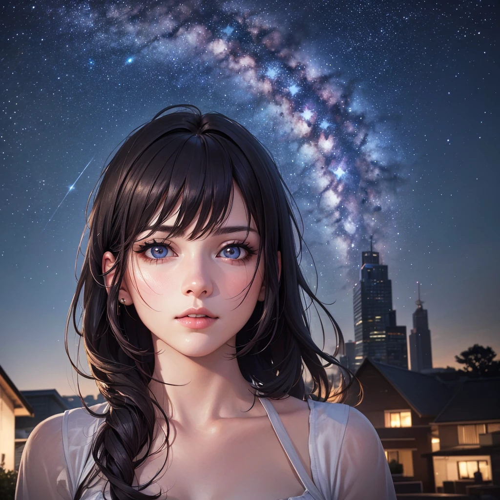 a detailed portrait of a girl sitting outdoors at night, looking up at the starry sky with the milky way, surrounded by a night cityscape with buildings silhouetted against the night sky, long hair, (best quality,4k,8k,highres,masterpiece:1.2),ultra-detailed,(realistic,photorealistic,photo-realistic:1.37),extremely detailed eyes and face,beautiful detailed eyes,beautiful detailed lips,longeyelashes,octans,sky,stars,scenery,starry night,night,1girl,night sky,solo,outdoors,building,cloud,milky way,sitting,tree,city,cityscape