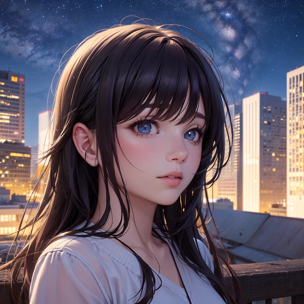 a detailed portrait of a girl sitting outdoors at night, looking up at the starry sky with the milky way, surrounded by a night cityscape with buildings silhouetted against the night sky, long hair, (best quality,4k,8k,highres,masterpiece:1.2),ultra-detailed,(realistic,photorealistic,photo-realistic:1.37),extremely detailed eyes and face,beautiful detailed eyes,beautiful detailed lips,longeyelashes,octans,sky,stars,scenery,starry night,night,1girl,night sky,solo,outdoors,building,cloud,milky way,sitting,tree,city,cityscape