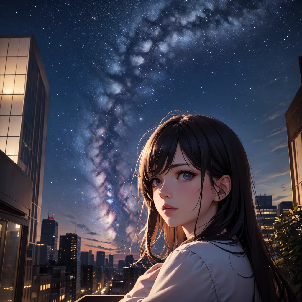 a detailed portrait of a girl sitting outdoors at night, looking up at the starry sky with the milky way, surrounded by a night cityscape with buildings silhouetted against the night sky, long hair, (best quality,4k,8k,highres,masterpiece:1.2),ultra-detailed,(realistic,photorealistic,photo-realistic:1.37),extremely detailed eyes and face,beautiful detailed eyes,beautiful detailed lips,longeyelashes,octans,sky,stars,scenery,starry night,night,1girl,night sky,solo,outdoors,building,cloud,milky way,sitting,tree,city,cityscape
