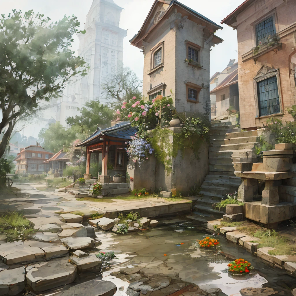 Miao Bi Sheng Hoa, [(White background: 1.5)::5], Sherlock Holmes, mid-shot, full body, butterfly, flower, floating petals, stone fragments, beautiful detailed water, clouds, sun, dusk, sunset, beautiful detailed gate,