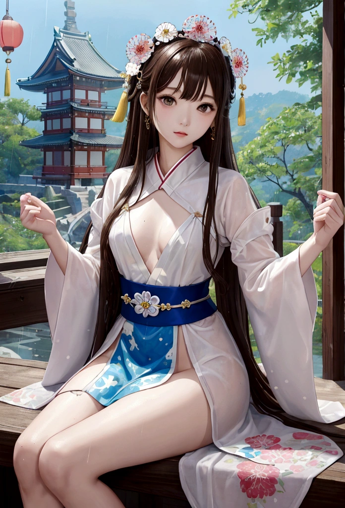 Best image quality、、masterpiece：1.3))、Realistic high-quality photos、Highest quality、Girl cute beautiful face、Beautiful Japanese Girl、Photos of slim models、Beautiful girl model、若いJapanese girl、Young and pretty face、Japanese girl、Beautiful model girl、A lovely and delicate face、Brown Hair、Beautiful brown eyes、Young Body、Exposed thighs、Small breasts、Sitting pose、(Finely scattered splashes of color), (figure),(((1 Girl))),(Long Hair),(rain:0.9), (Headdress: 1.4), There is an ancient palace next to the girl., Hanfu, (emphasize),  ink painting, (Spattered colors), Spattered colors, (((colorful))), (sketch: 0.8), Tabletop, Highest quality, Beautifully drawn, verydetailedな,(Noise Reduction:0.6),[Splash Ink],((Ink Refraction)), (美しくdetailedな空),moon,very,detailed,(Tabletop, Highest quality, verydetailedな)