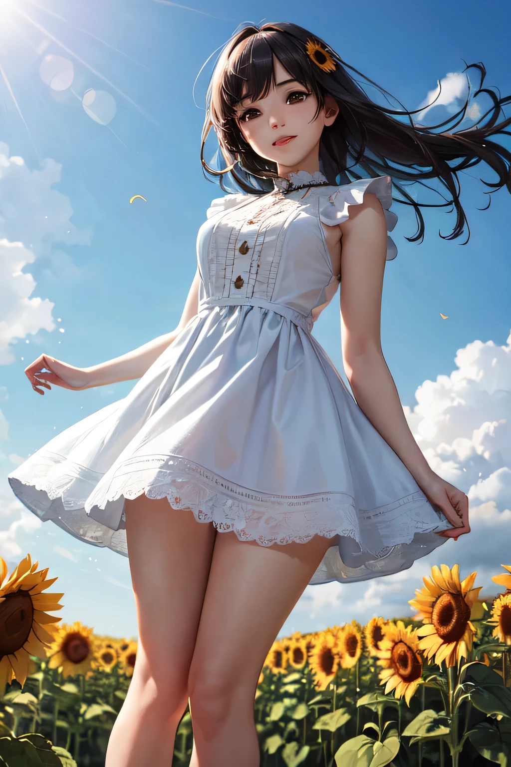 very cute and beautiful girl,frilled white summer dress with detailed lace,(highly detailed beautiful face),
standing in middle of sunflower field,beautiful summer sky,(smile),black hair,mid shot,stylish pose,detailed legs,
(best quality,masterpiece:1.0),absurdres,highres,ultra-detailed,extremely detailed,32k,8k resolution,
intricate details,cinematic scene,detailed background,solo,dynamic angle,
solo,hair fluttering in the wind,