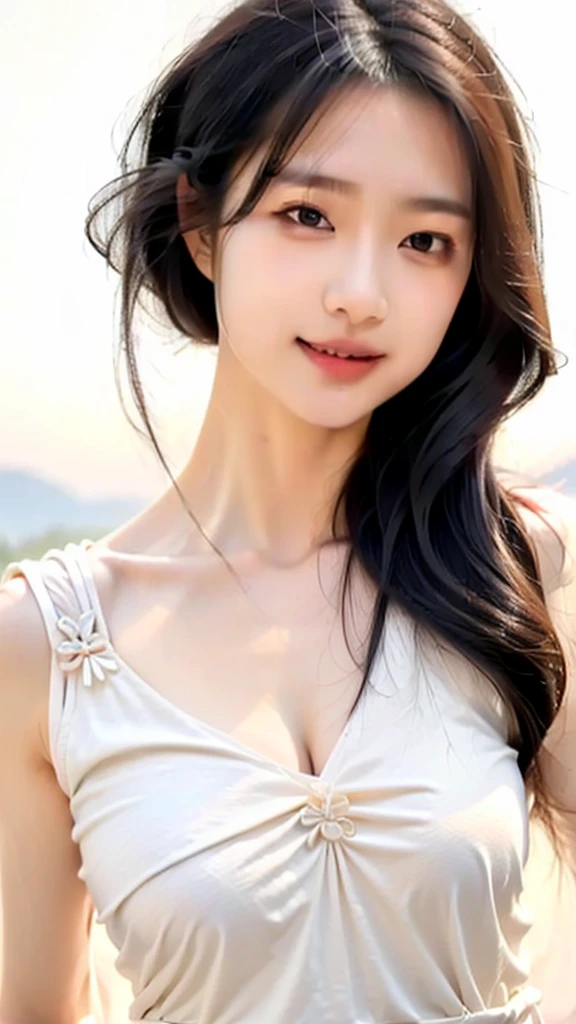 Top quality, 1 beautiful kawaii female model, japanese, Wide forehead, Wide forehead, thin eyebrows, smiling, Upper Body, Gravure model's body type, stylish, high-quality clothing, wearing simple lux fashion, influencer, instagram, in resort,