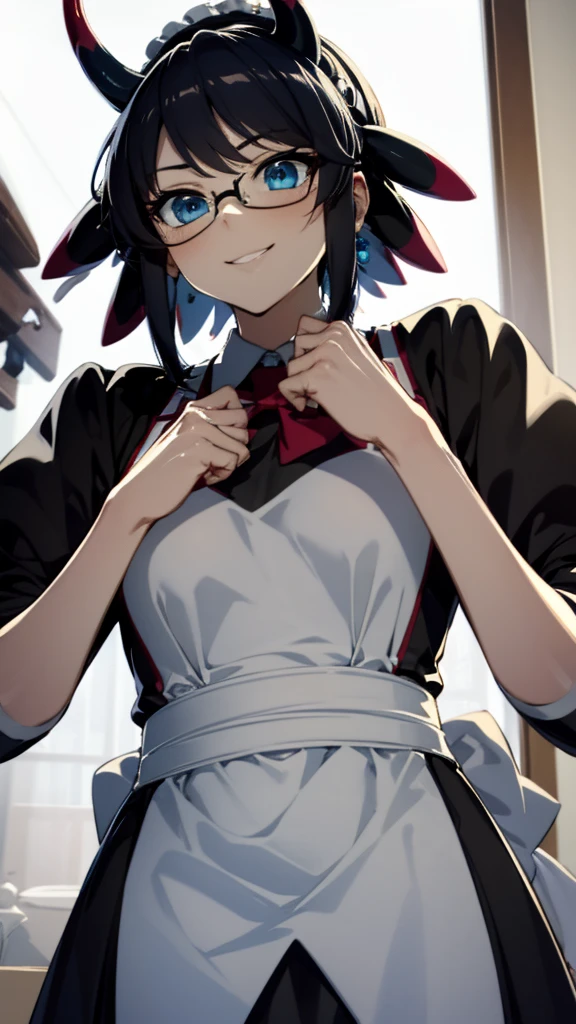 (masterpiece, best quality:1.2),1girl,mature female,pale skin,small breasts:1.49,dragonmaid house, house dragonmaid, yugioh, hair bow, short hair, black hair, (blue eyes:1.5),(black dress with a white arpon:1.2), eye details,teasing smile, clean detailed anime art,high resolution, (perfect hands, perfect anatomy),wear eye glasses, anime style, dragon horn on head,tight clotches,