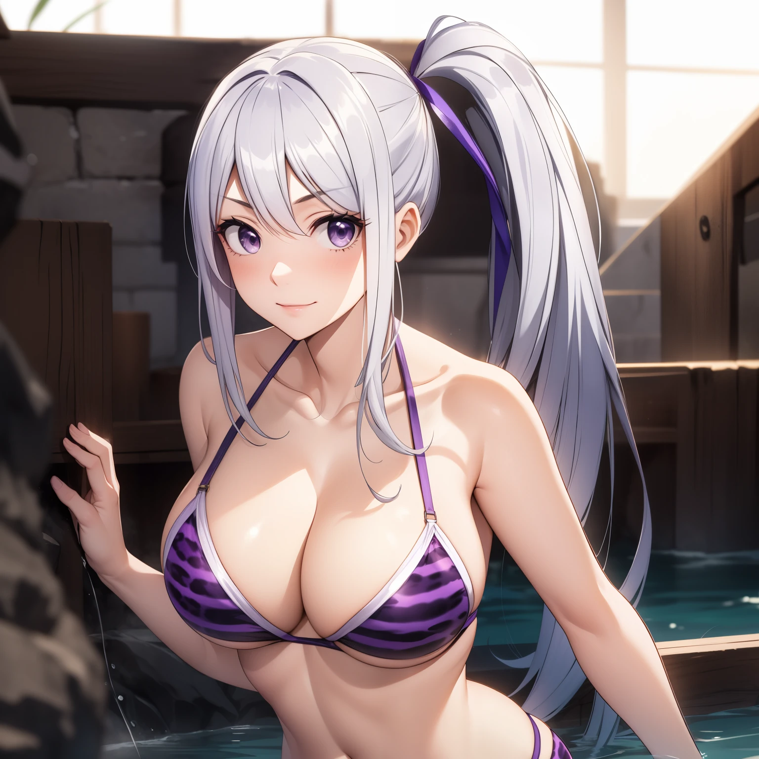 in prison , 25 year old woman, silver hair largo. silver eyes, shy smile, big breasts, a violet ribbon on her head, big breastsbare breasts, purple leopard print bikini, he is bathing in a lake. pelo largo,