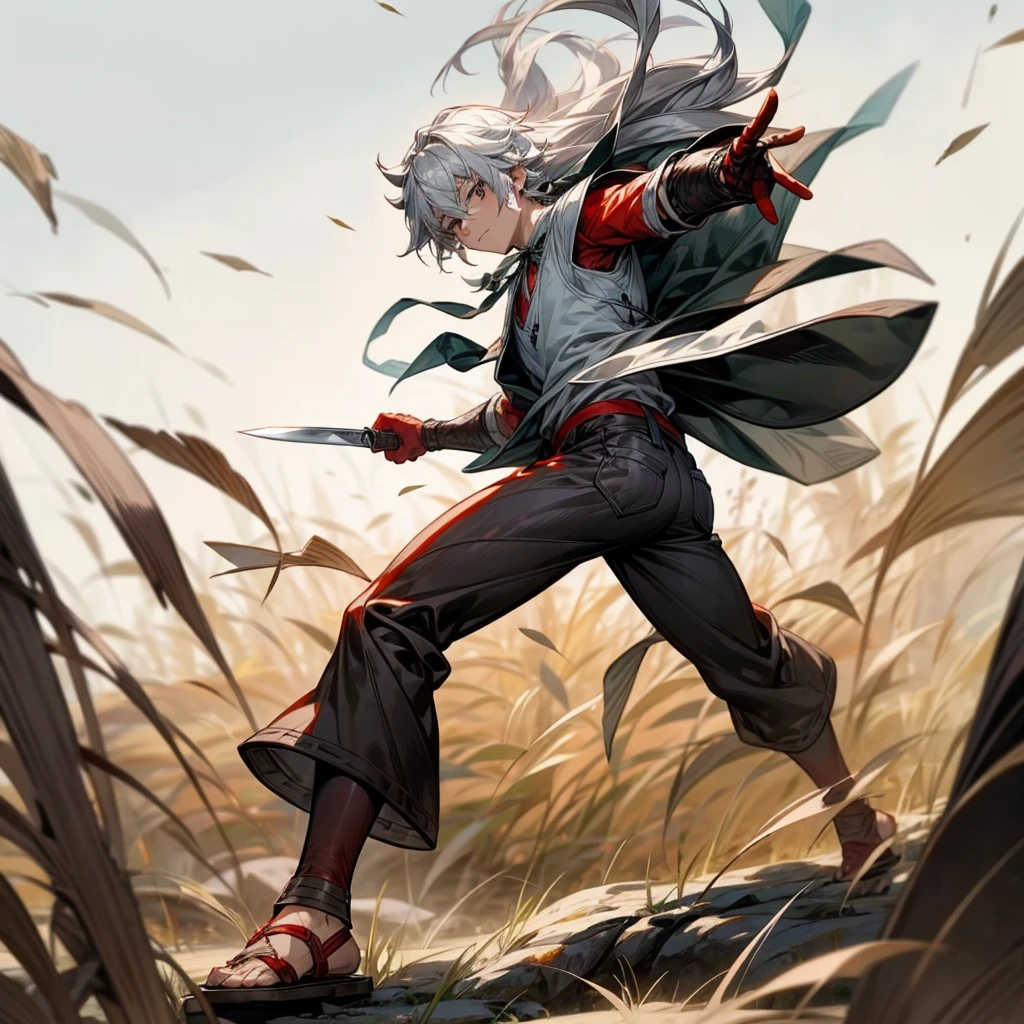 1boy, Full body version, 1character, black eyes color, milk skin, long hairstyle, monolod eyes type, silver colour hair, muscle, Farmer villager clothing style, red color clothing, black pants, white scraf, Ancient roman sandals, vest armors, knife in two hand, Grassroots background in field villager, motion blur, battle gesture 