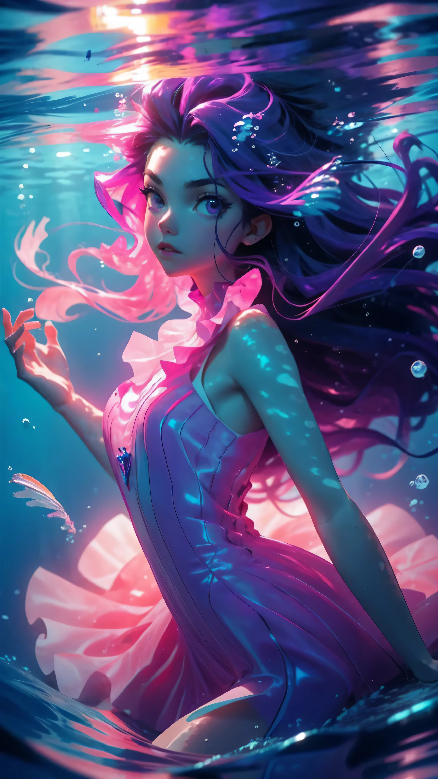 (((underwater))), beautiful young girl, long purple hair, purple dress, water, glowing jellyfish