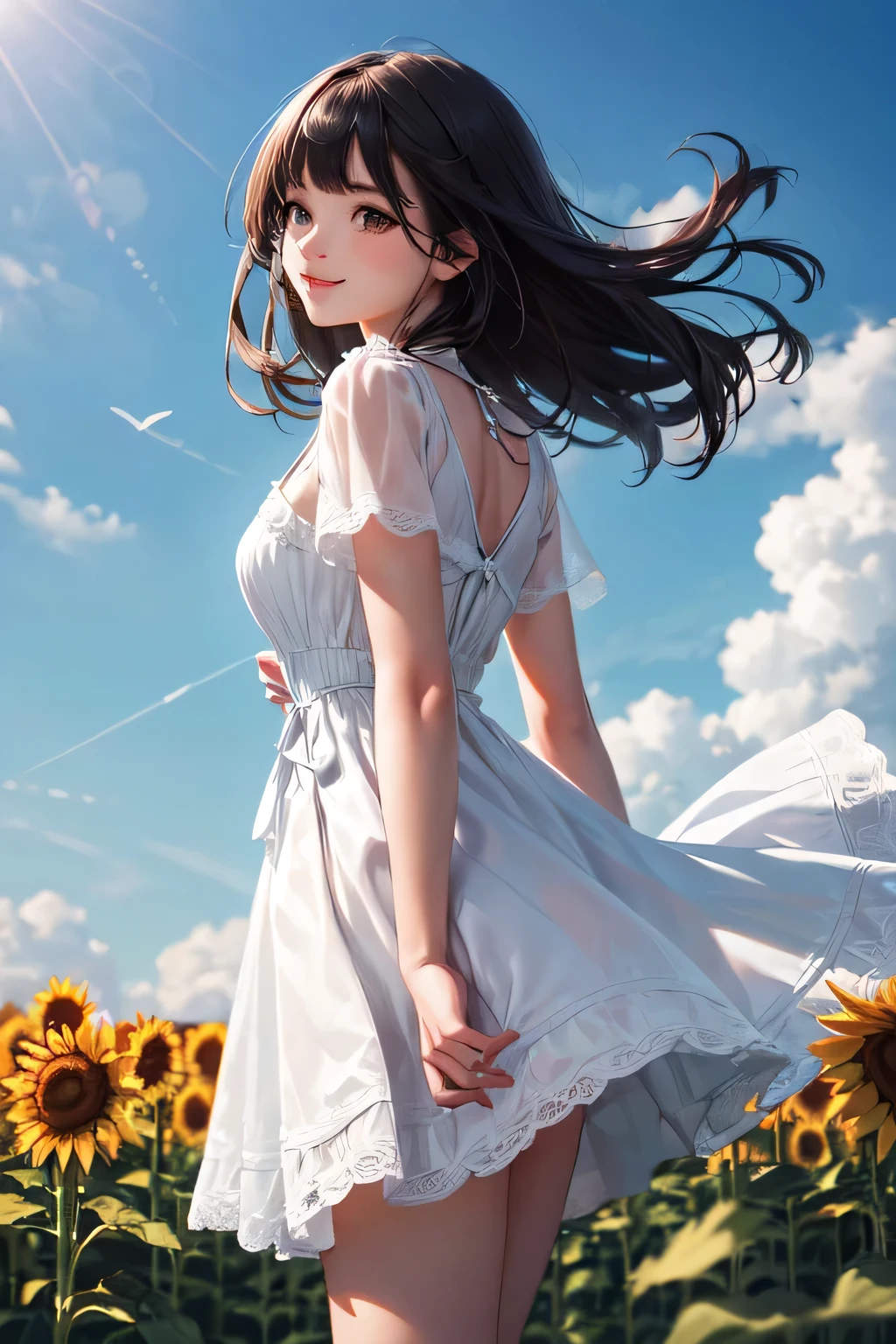 very cute and beautiful girl,frilled white summer dress with detailed lace,(highly detailed beautiful face),
standing in middle of sunflower field,beautiful summer sky,(smile),grey hair,mid shot,stylish pose,detailed legs,
(best quality,masterpiece:1.0),absurdres,highres,ultra-detailed,extremely detailed,32k,8k resolution,
intricate details,cinematic scene,detailed background,solo,dynamic angle,
solo,hair fluttering in the wind,