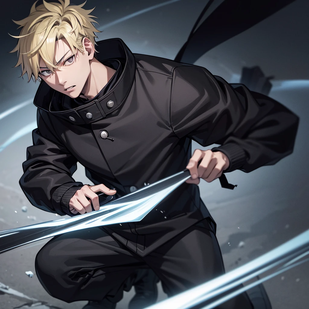 one japanese man, blonde and black hair, grey eyes, wearing a black parka, jujutsu kaisen background, high res, ultrasharp, masterpiece, jujutsu kaisen style