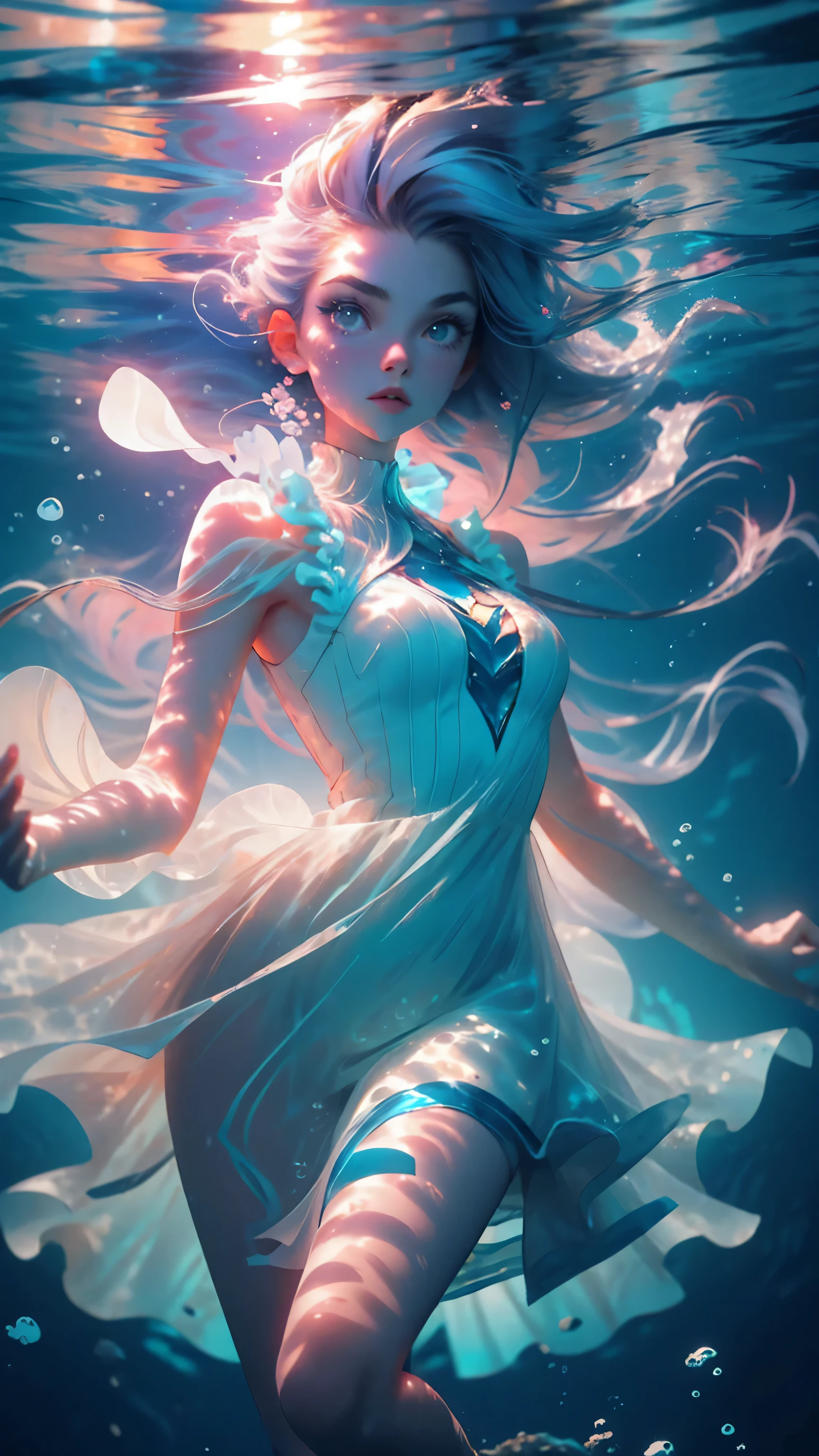 (((underwater))), beautiful young girl, long pgrey hair, blue dress, water, glowing jellyfish