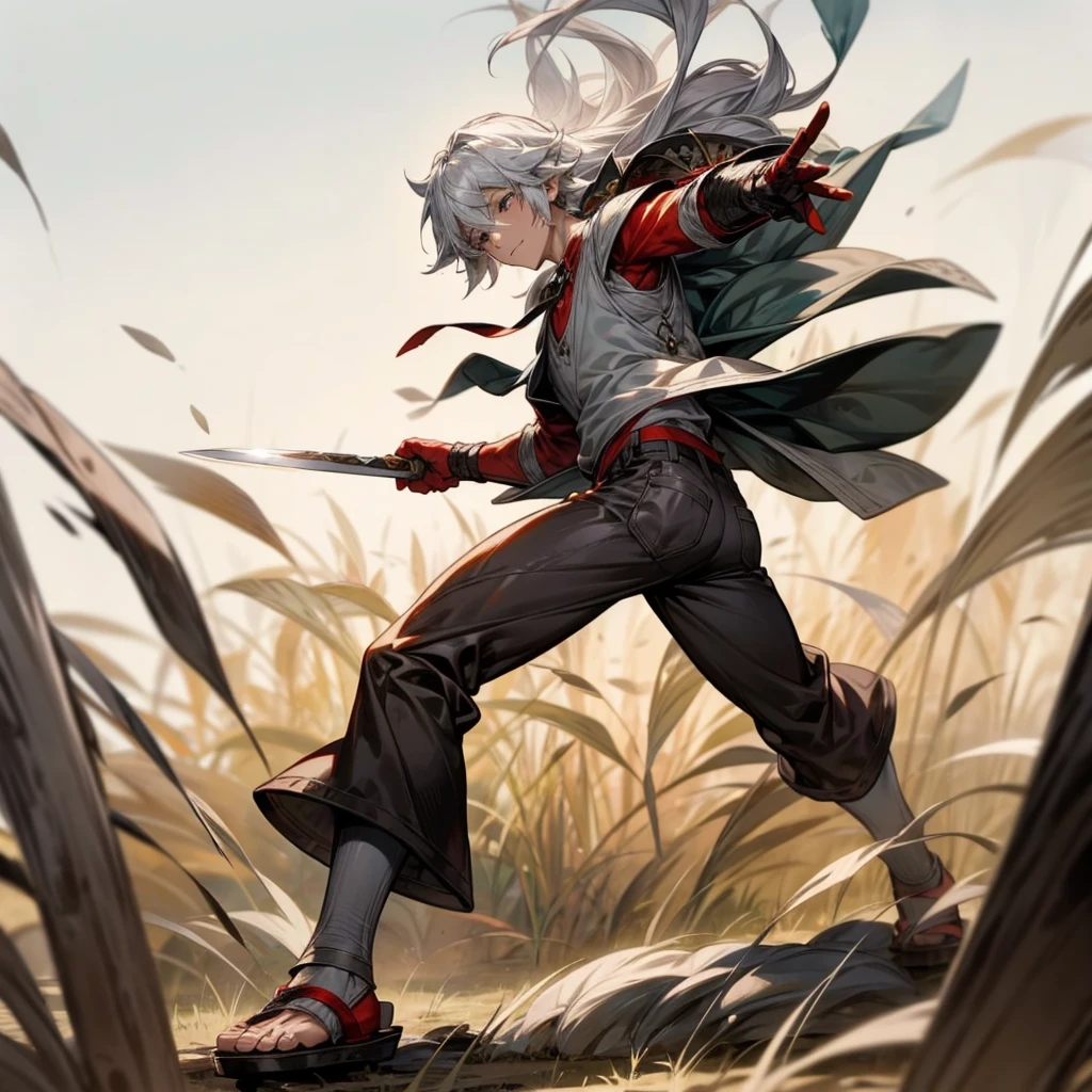 1boy, Full body version, 1character, black eyes color, milk skin, long hairstyle, monolod eyes type, silver colour hair, muscle, Farmer villager clothing style, red color clothing, black pants, white scraf, Ancient roman sandals, vest armors, knife in two hand, Grassroots background in field villager, motion blur, battle gesture