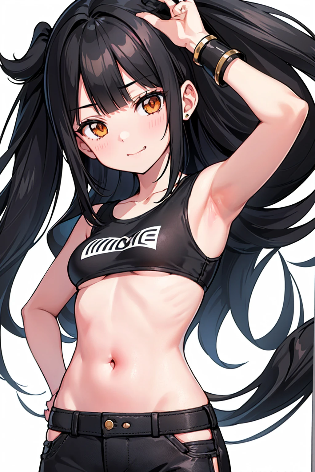 whole body,Standing posture, (Black Hair,Trimmed bangs,Hime cut,) (Small breasts,age Girl,), (Cute face:1.2) (Punk Fashion,Low-rise pants,) smug face,(White background)