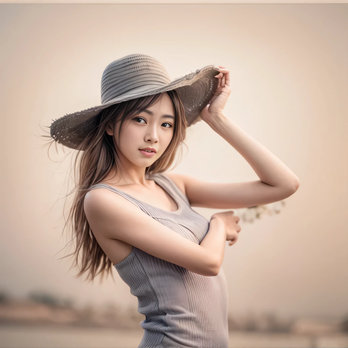 8k, RAW photo, best quality, masterpiece, realistic, photo-realistic, clear, professional lighting, beautiful face, best quality, ultra high res,
BREAK
a woman wearing a hat and smiling for the camera with her hands on her head and her hair in the wind, girl, dau-al-set , a stock photo, Fan Qi